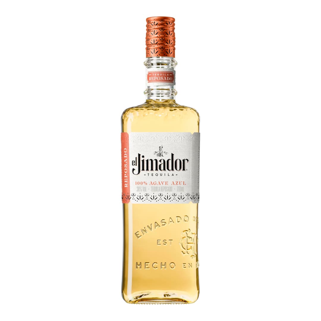 El Jimador Reposado Tequila — 100% Blue Weber agave tequila aged for around two months in oak barrels, delivering a smooth and balanced profile with cooked agave, light vanilla, and oak notes, perfect for sipping or mixing in cocktails.