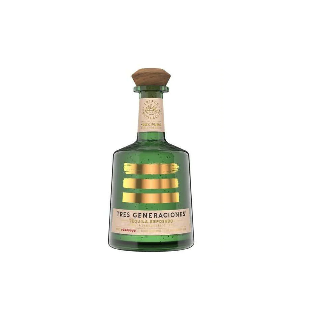 Tres Generaciones Reposado — Aged for 4 to 6 months in American white oak barrels, it develops a refined aromatic profile of fresh agave, soft spices, pepper, vanilla, and toasted oak. Its signature triple distillation delivers exceptional smoothness and a long, dry finish.