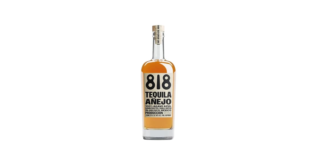 818 Tequila Añejo — Created by Kendall Jenner and crafted in partnership with family-owned farms in Jalisco, 100% Blue Weber agave tequila aged for over one year in French and American oak barrels. Its amber color with golden highlights introduces inviting aromas of cooked agave, caramel, soft vanilla, cacao, and gentle spices.